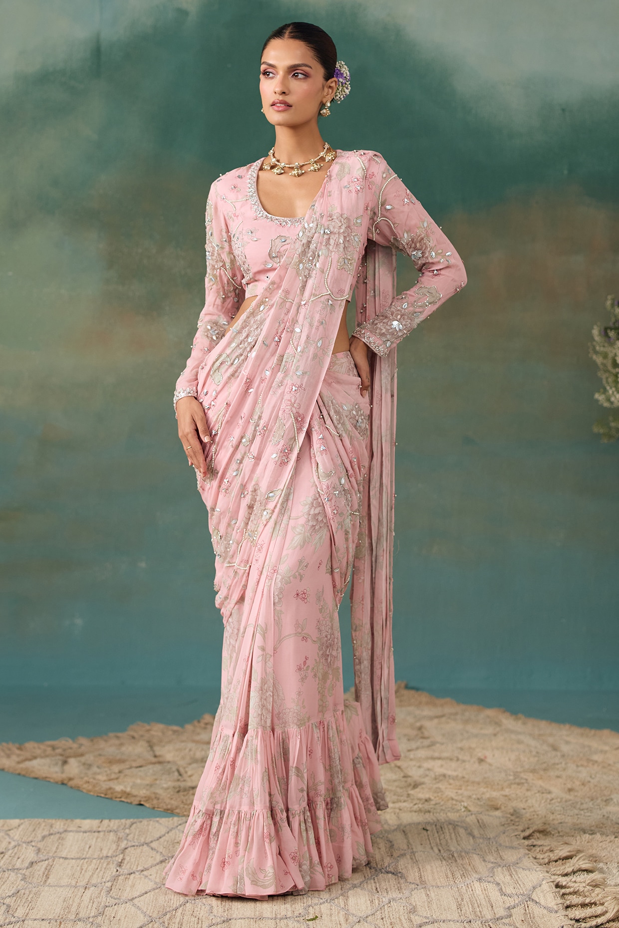 Chhavvi Aggarwal Blush Pink Georgette Floral Printed Pre-Draped Saree Set