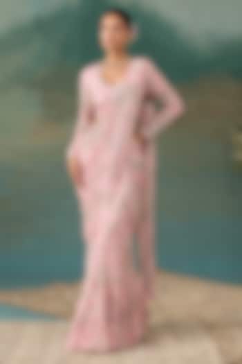 Blush Pink Georgette Floral Printed Pre-Draped Wedding Saree Set by Chhavvi Aggarwal at Pernia's Pop Up Shop