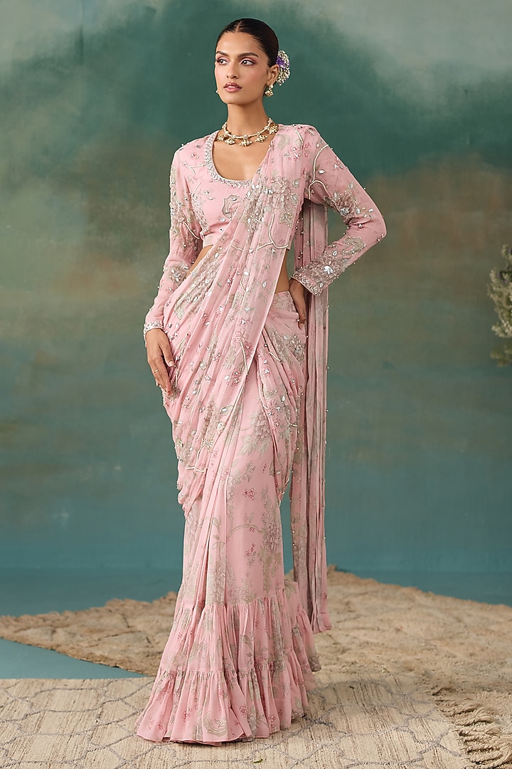 Blush Pink Georgette Floral Printed Pre-Draped Wedding Saree Set by Chhavvi Aggarwal at Pernia's Pop Up Shop