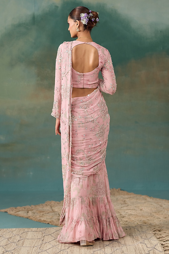 Blush Pink Georgette Floral Printed Pre-Draped Wedding Saree Set by Chhavvi Aggarwal at Pernia's Pop Up Shop