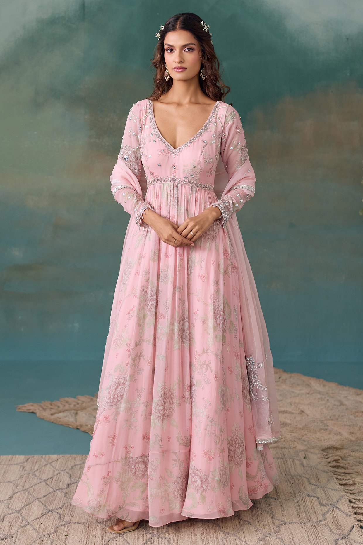 Chhavvi Aggarwal Blush Pink Georgette Embroidered Anarkali Set