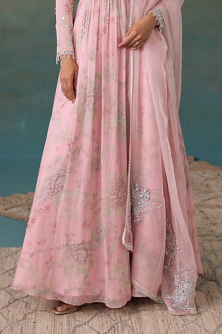 Blush Pink Georgette Embroidered Wedding Anarkali Set by Chhavvi Aggarwal at Pernia's Pop Up Shop