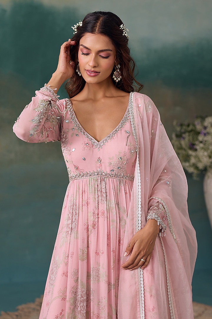 Blush Pink Georgette Embroidered Wedding Anarkali Set by Chhavvi Aggarwal at Pernia's Pop Up Shop