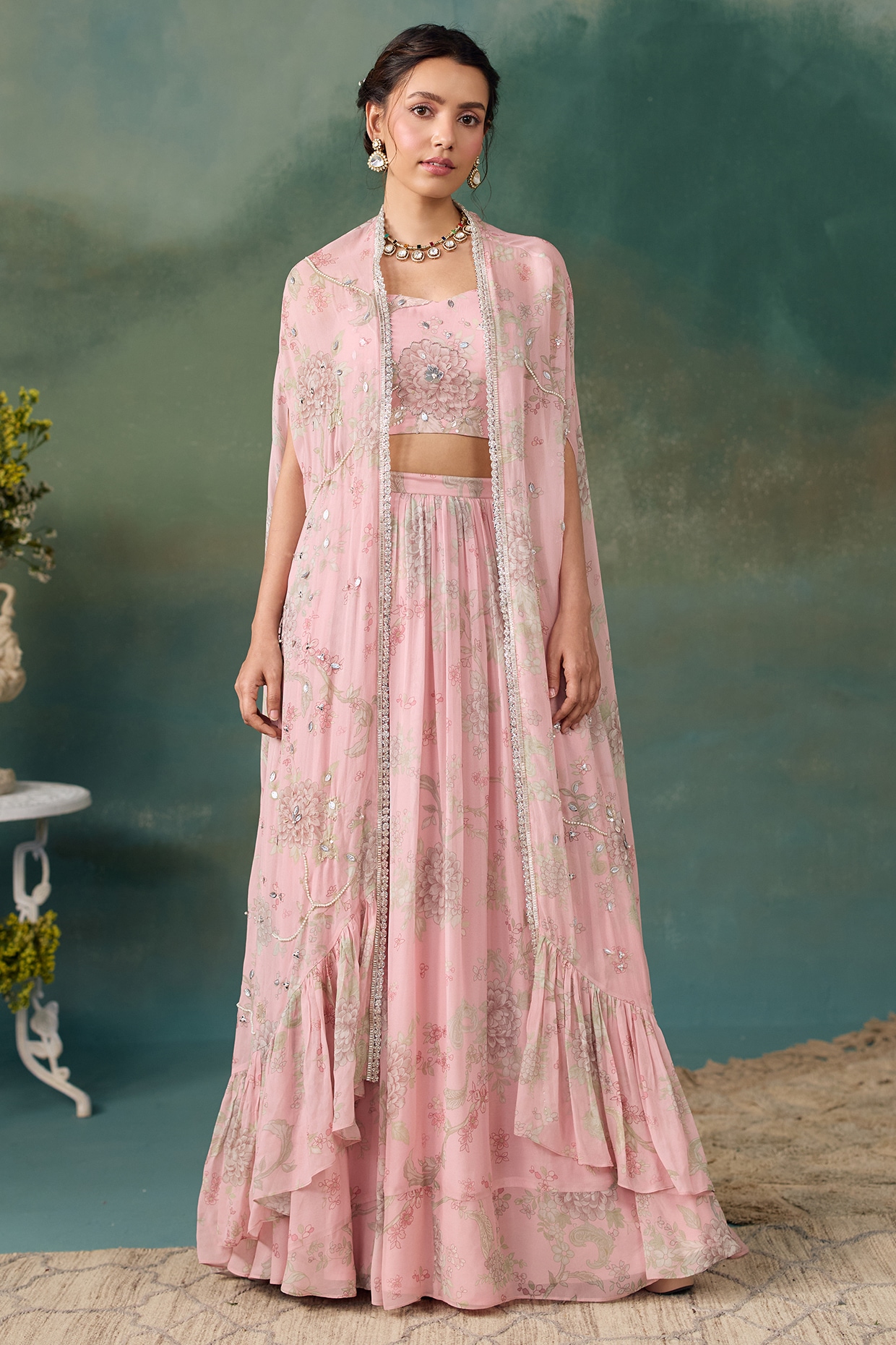 Chhavvi Aggarwal Blush Pink Georgette Floral Printed Lehenga Set