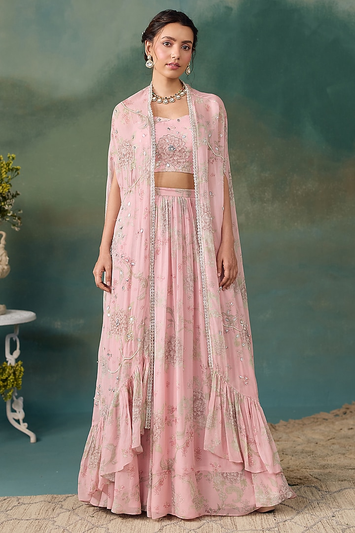 Blush Pink Georgette Floral Printed Wedding Lehenga Set by Chhavvi Aggarwal at Pernia's Pop Up Shop