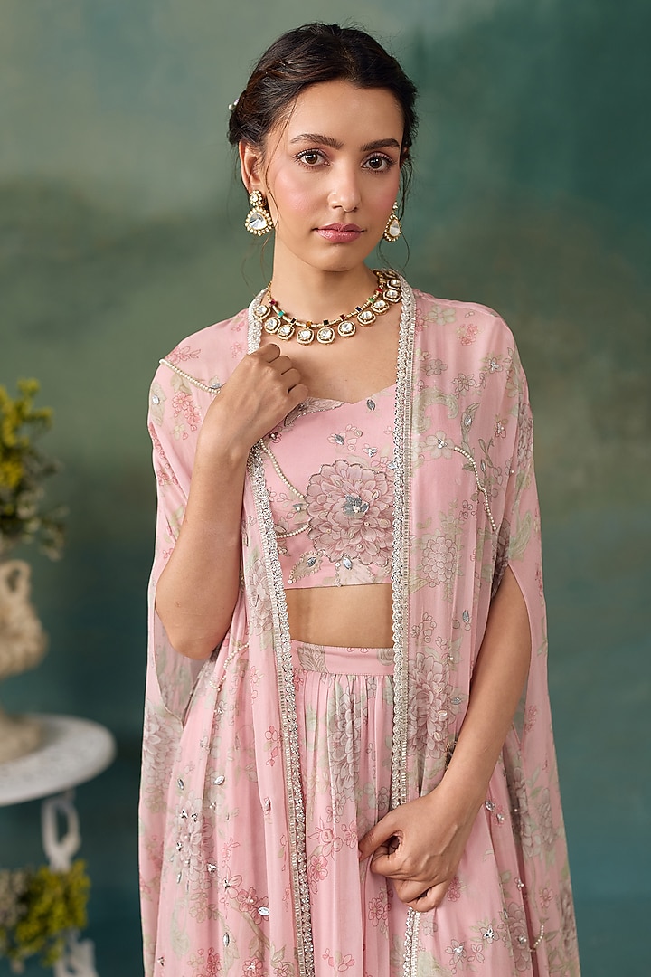 Blush Pink Georgette Floral Printed Wedding Lehenga Set by Chhavvi Aggarwal at Pernia's Pop Up Shop