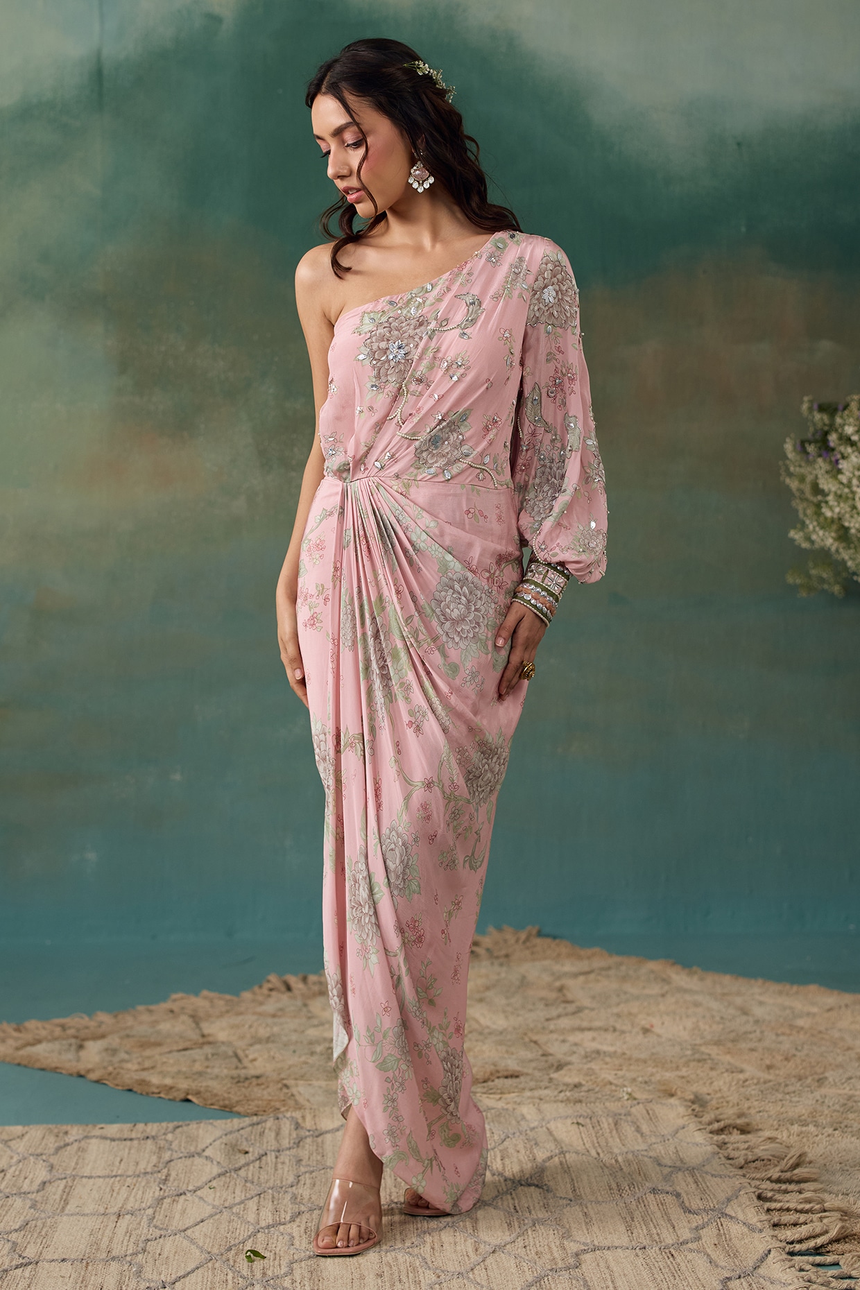 Chhavvi Aggarwal Blush Pink Crepe Embroidered One-Shoulder Dress