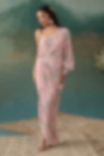Blush Pink Crepe Embroidered One-Shoulder Vacation Dress by Chhavvi Aggarwal at Pernia's Pop Up Shop