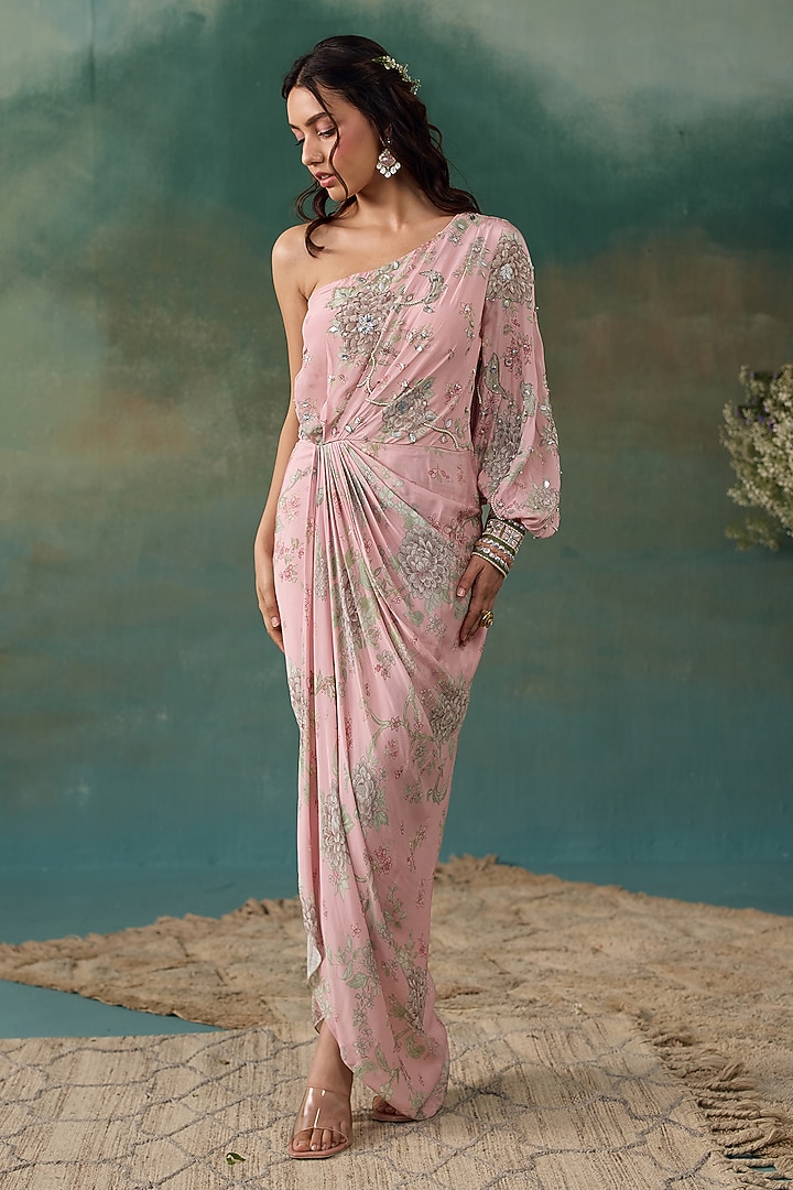 Blush Pink Crepe Embroidered One-Shoulder Vacation Dress by Chhavvi Aggarwal at Pernia's Pop Up Shop