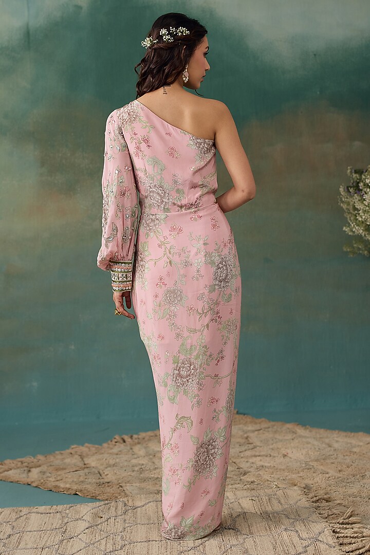 Blush Pink Crepe Embroidered One-Shoulder Vacation Dress by Chhavvi Aggarwal at Pernia's Pop Up Shop