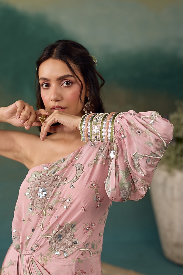 Blush Pink Crepe Embroidered One-Shoulder Vacation Dress by Chhavvi Aggarwal at Pernia's Pop Up Shop