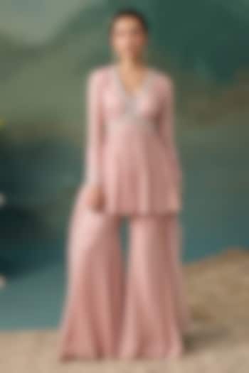 Blush Pink Banarasi Silk Embellished Wedding Sharara Set by Chhavvi Aggarwal at Pernia's Pop Up Shop
