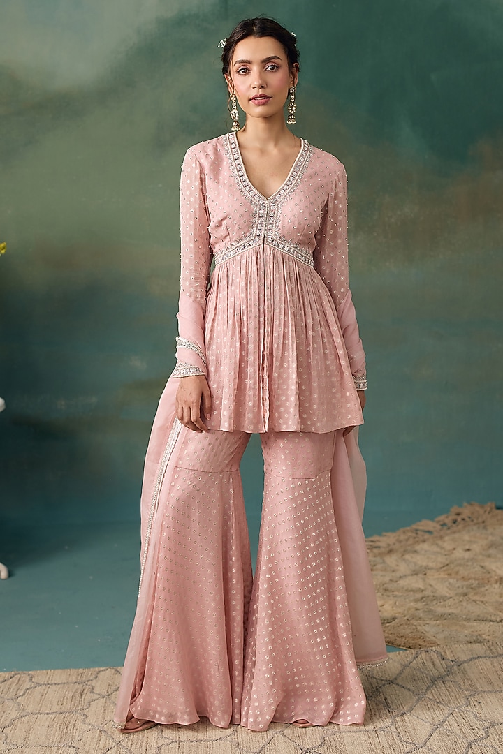 Blush Pink Banarasi Silk Embellished Wedding Sharara Set by Chhavvi Aggarwal at Pernia's Pop Up Shop