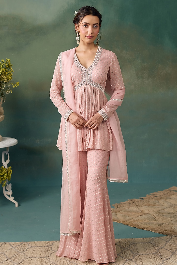 Blush Pink Banarasi Silk Embellished Wedding Sharara Set by Chhavvi Aggarwal at Pernia's Pop Up Shop