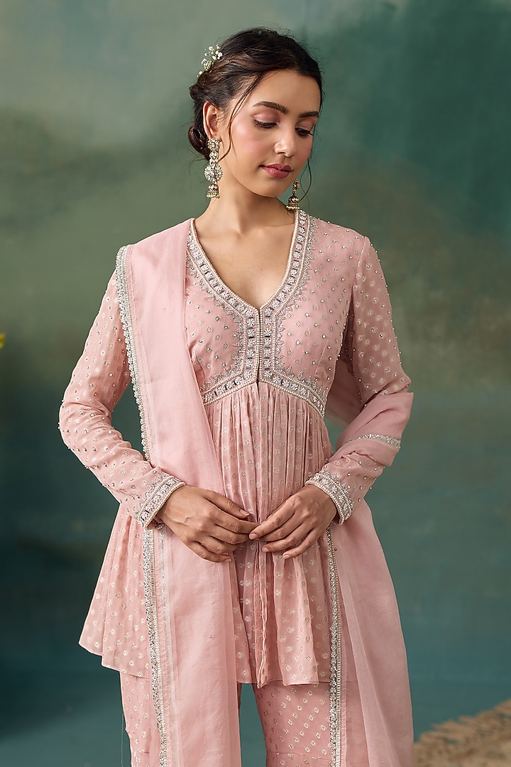 Blush Pink Banarasi Silk Embellished Wedding Sharara Set by Chhavvi Aggarwal at Pernia's Pop Up Shop