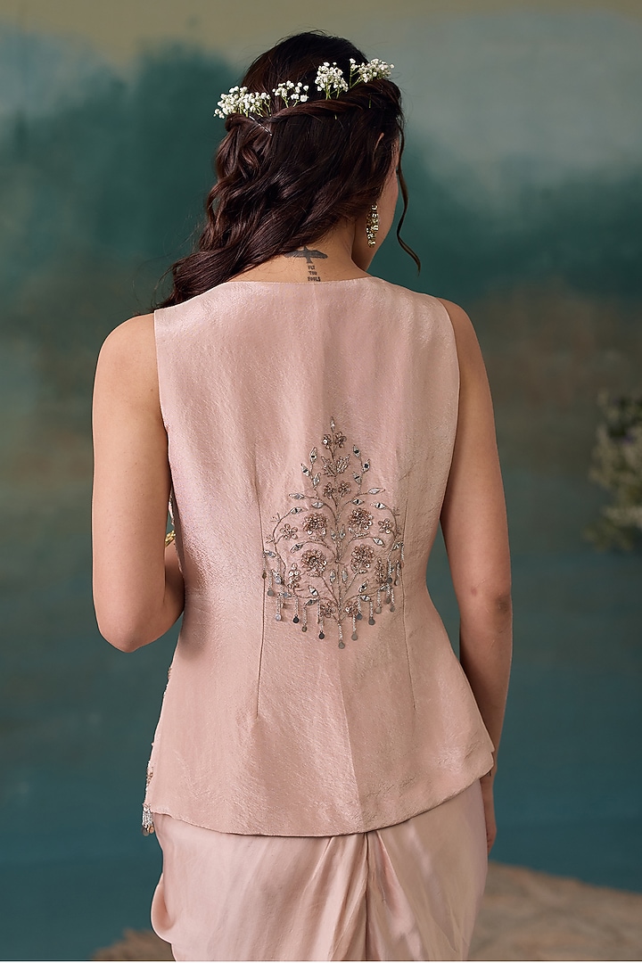 Blush Pink Tissue Embroidered Jacket Set by Chhavvi Aggarwal at Pernia's Pop Up Shop