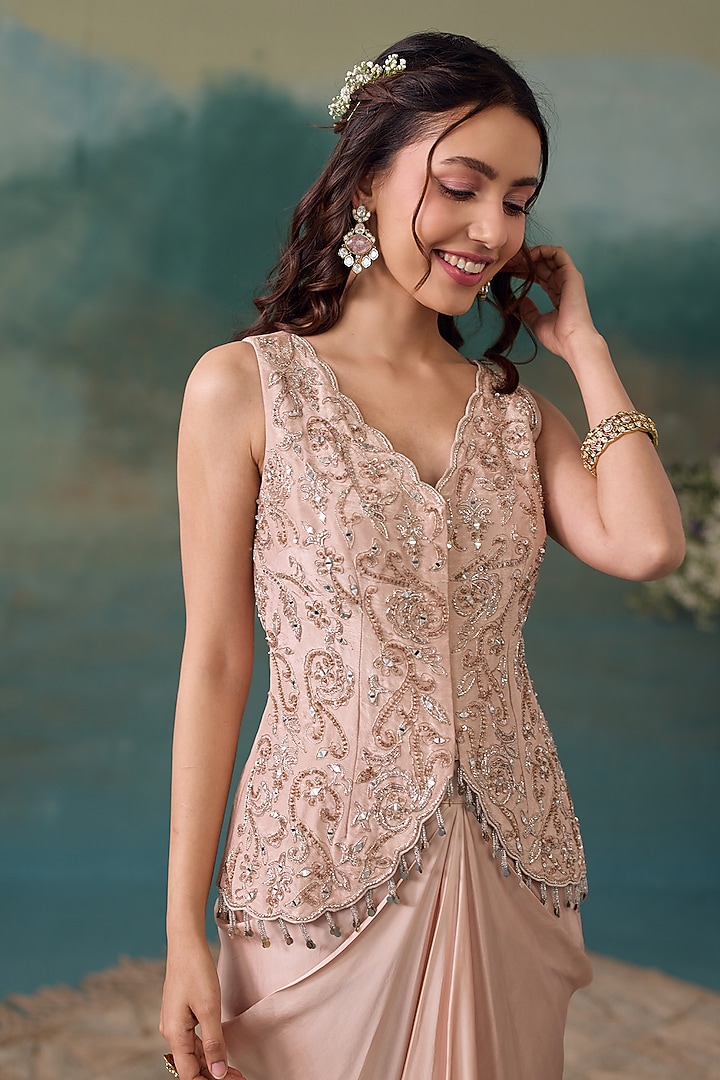 Blush Pink Tissue Embroidered Jacket Set by Chhavvi Aggarwal at Pernia's Pop Up Shop