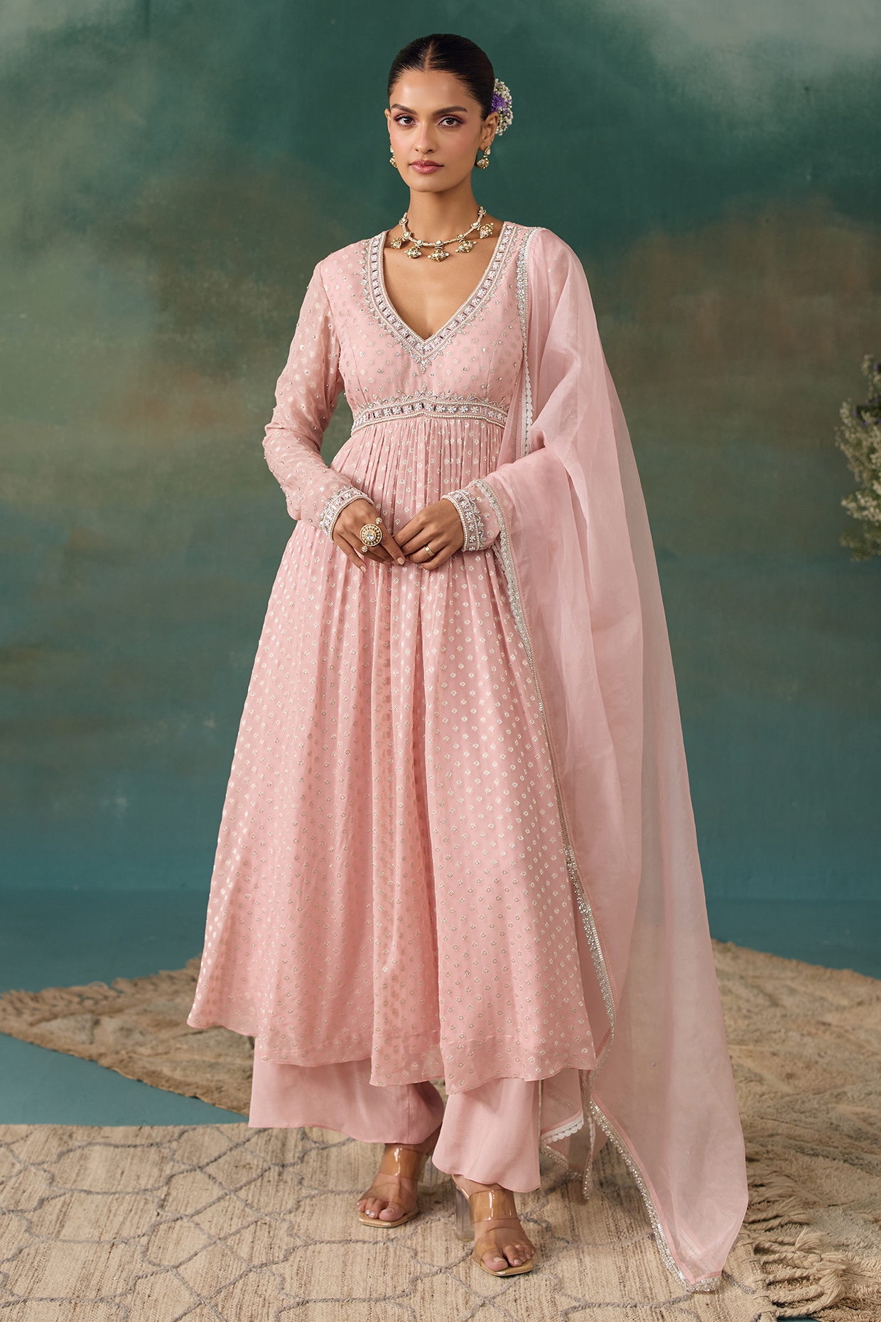 Chhavvi Aggarwal Blush Pink Banarasi Silk Embroidered Anarkali Set
