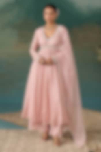 Blush Pink Banarasi Silk Embroidered Wedding Anarkali Set by Chhavvi Aggarwal at Pernia's Pop Up Shop