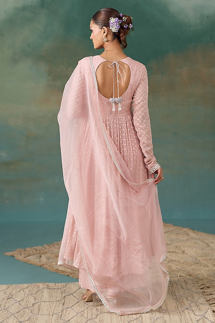 Blush Pink Banarasi Silk Embroidered Wedding Anarkali Set by Chhavvi Aggarwal at Pernia's Pop Up Shop