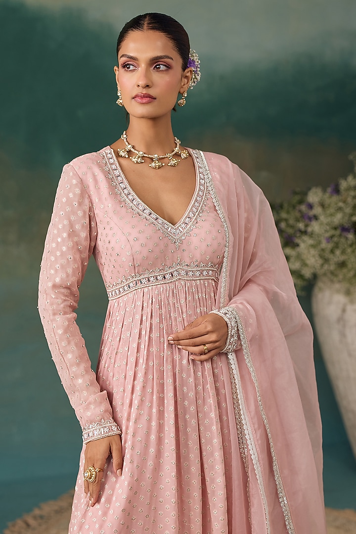 Blush Pink Banarasi Silk Embroidered Wedding Anarkali Set by Chhavvi Aggarwal at Pernia's Pop Up Shop