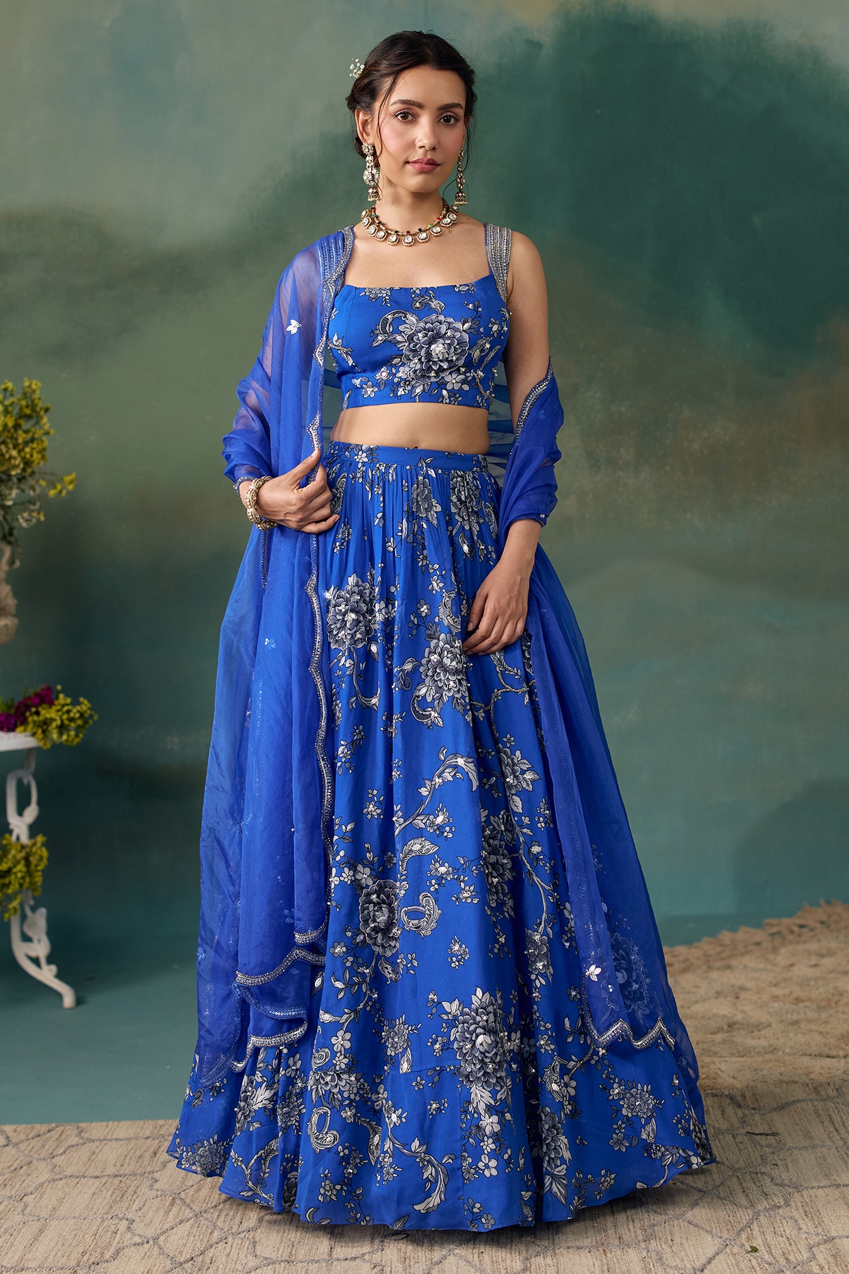Chhavvi Aggarwal Royal Blue Georgette Printed Lehenga Set