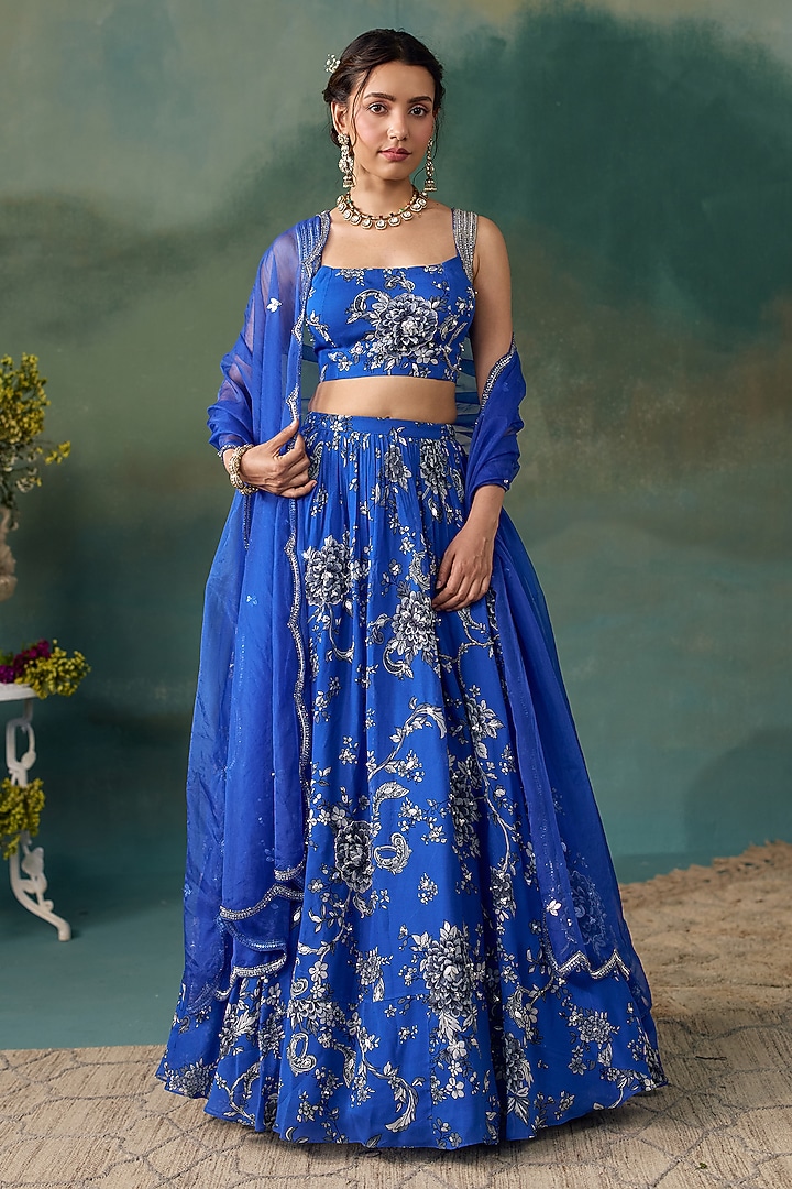 Royal Blue Georgette Printed Wedding Lehenga Set by Chhavvi Aggarwal at Pernia's Pop Up Shop