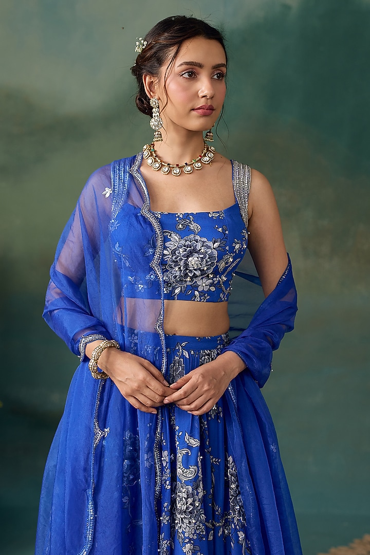 Royal Blue Georgette Printed Wedding Lehenga Set by Chhavvi Aggarwal at Pernia's Pop Up Shop