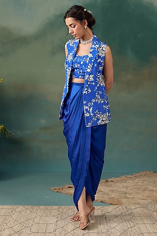 Royal Blue Crepe Printed Skirt Set by Chhavvi Aggarwal
