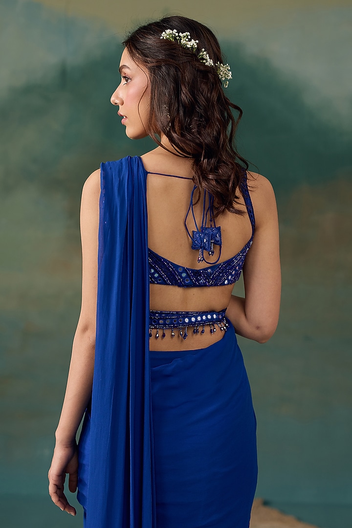 Royal Blue Georgette Embellished Wedding Saree Set by Chhavvi Aggarwal at Pernia's Pop Up Shop