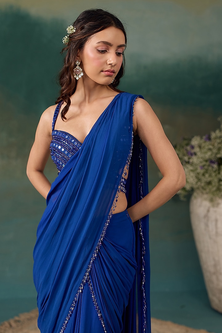 Royal Blue Georgette Embellished Wedding Saree Set by Chhavvi Aggarwal at Pernia's Pop Up Shop