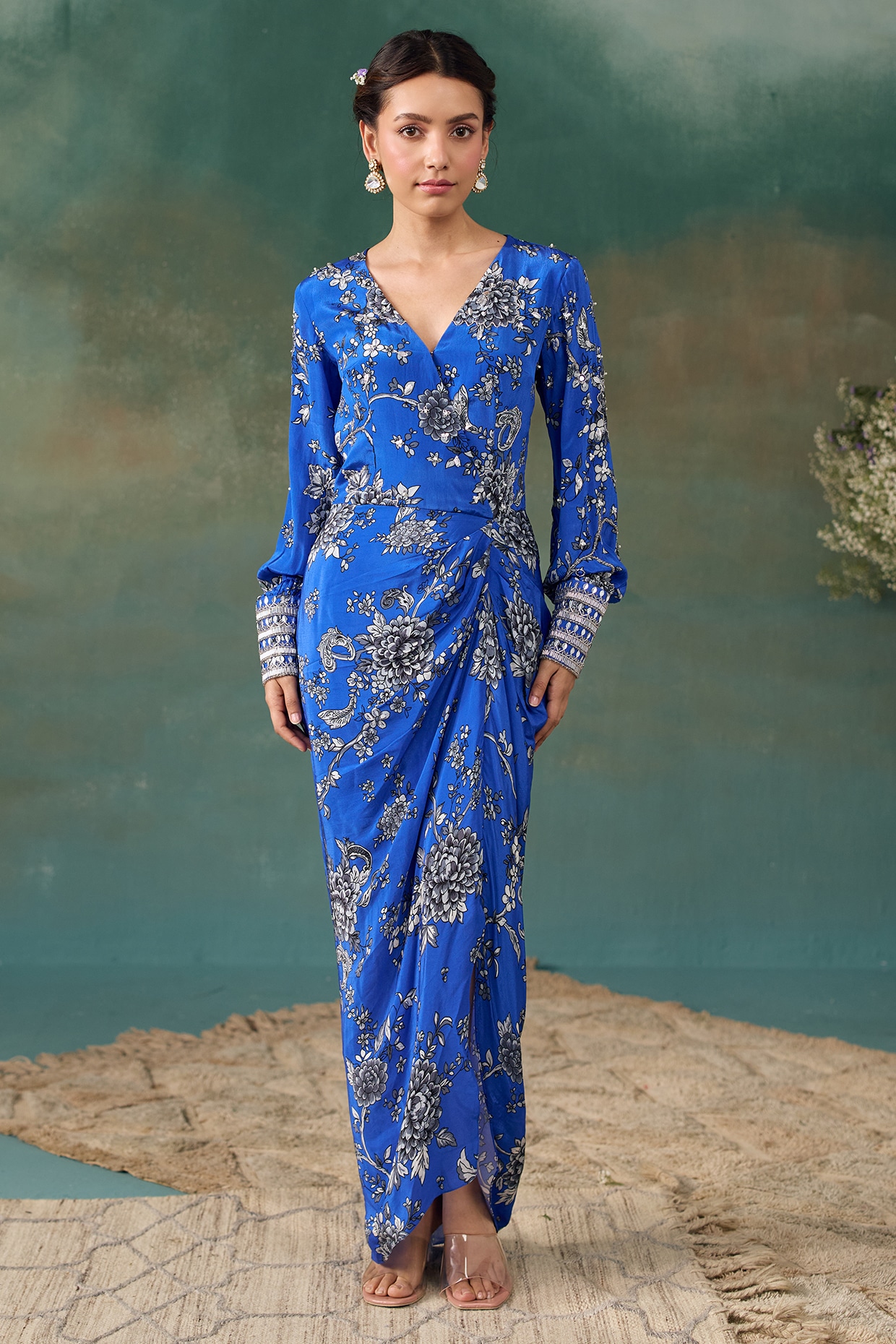 Chhavvi Aggarwal Royal Blue Crepe Floral Printed Draped Maxi Dress