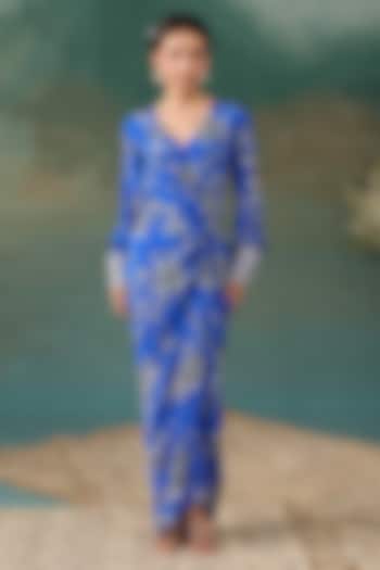 Royal Blue Crepe Floral Printed Draped Maxi Vacation Dress by Chhavvi Aggarwal at Pernia's Pop Up Shop