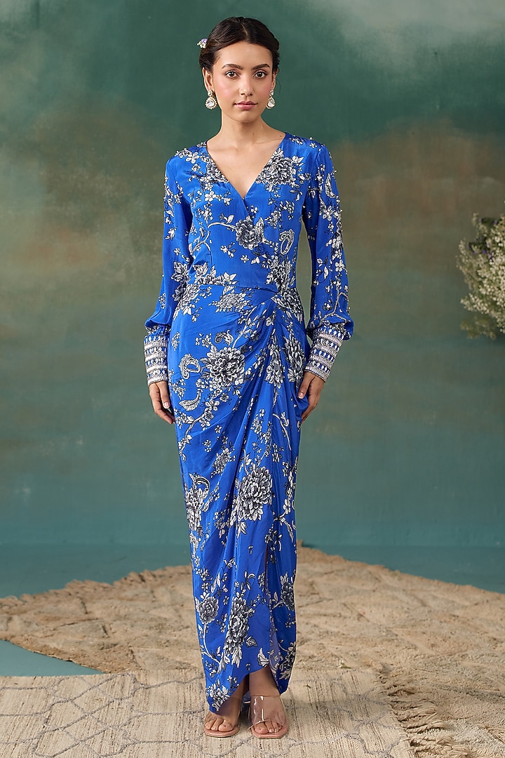 Royal Blue Crepe Floral Printed Draped Maxi Vacation Dress by Chhavvi Aggarwal at Pernia's Pop Up Shop