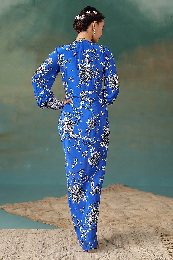 Royal Blue Crepe Floral Printed Draped Maxi Vacation Dress by Chhavvi Aggarwal at Pernia's Pop Up Shop