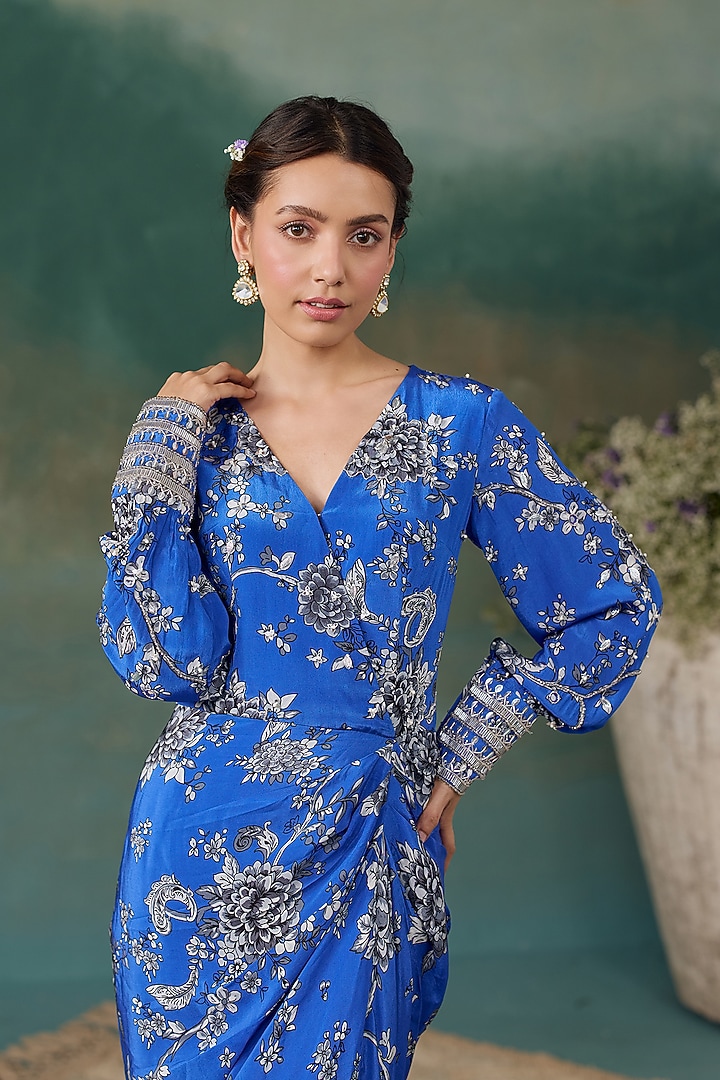 Royal Blue Crepe Floral Printed Draped Maxi Vacation Dress by Chhavvi Aggarwal at Pernia's Pop Up Shop