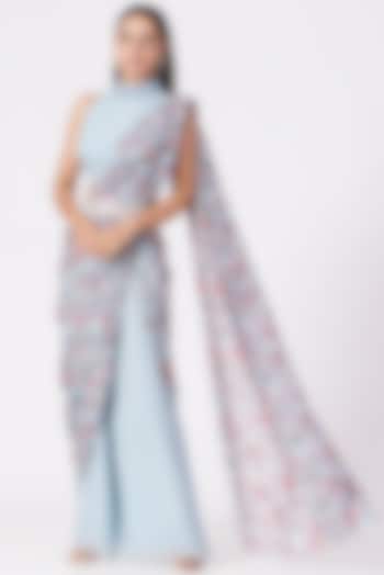 Powder Blue Georgette Printed Draped Pant Saree Set by Chhavvi Aggarwal