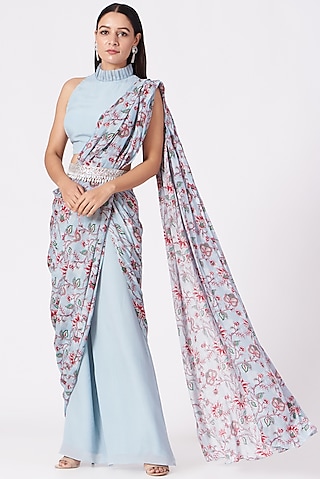 Powder Blue Georgette Printed Draped Pant Saree Set by Chhavvi Aggarwal