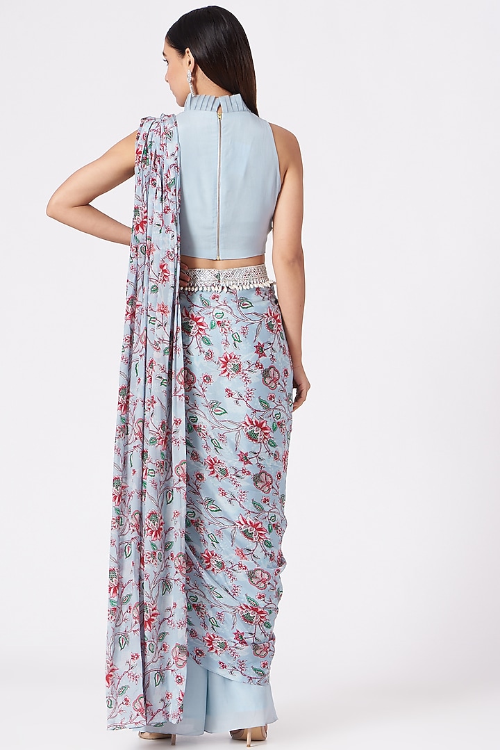 Powder Blue Georgette Printed Draped Pant Party Wear Saree Set by Chhavvi Aggarwal at Pernia's Pop Up Shop