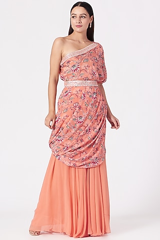 Coral Georgette Palazzo Pant Set by Chhavvi Aggarwal