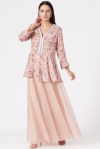 Nude Pink Organza Palazzo Pant Set by Chhavvi Aggarwal