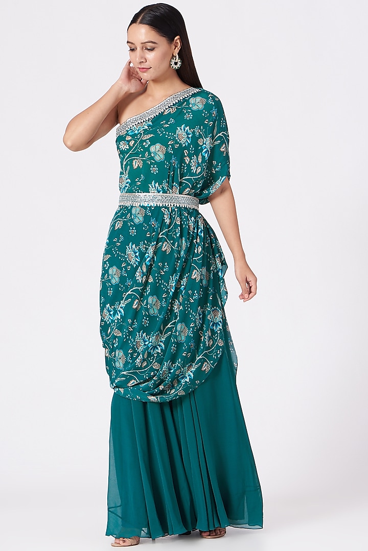 Teal Blue Embroidered Tunic Set by Chhavvi Aggarwal