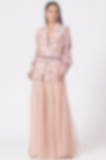 Nude Pink Hand Embroidered Jacket Set by Chhavvi Aggarwal at Pernia's Pop Up Shop