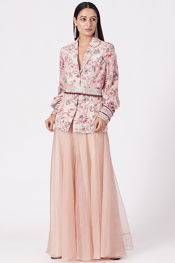Nude Pink Hand Embroidered Jacket Set by Chhavvi Aggarwal