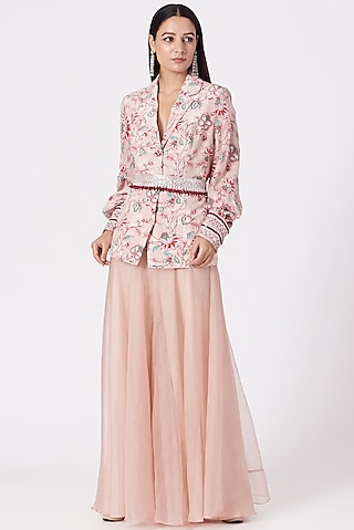 Nude Pink Hand Embroidered Jacket Set by Chhavvi Aggarwal