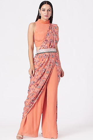 Coral Crepe Printed Draped Pant Saree Set by Chhavvi Aggarwal