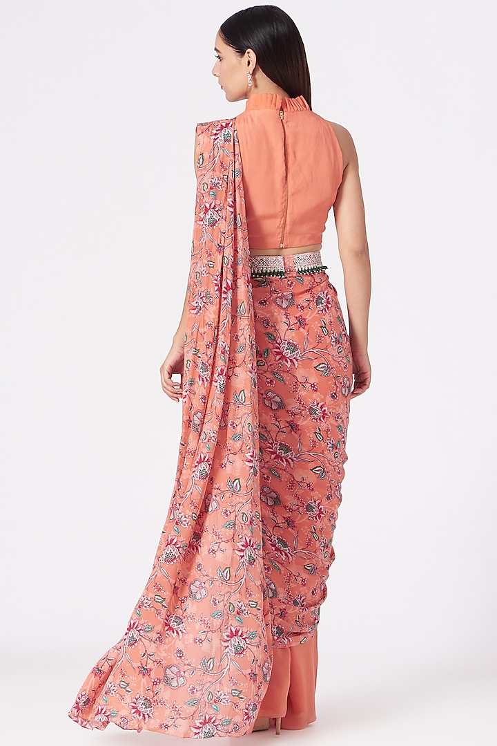 Coral Crepe Printed Draped Pant Party Wear Saree Set by Chhavvi Aggarwal at Pernia's Pop Up Shop