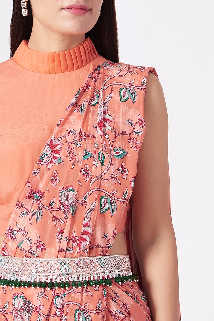 Coral Crepe Printed Draped Pant Party Wear Saree Set by Chhavvi Aggarwal at Pernia's Pop Up Shop
