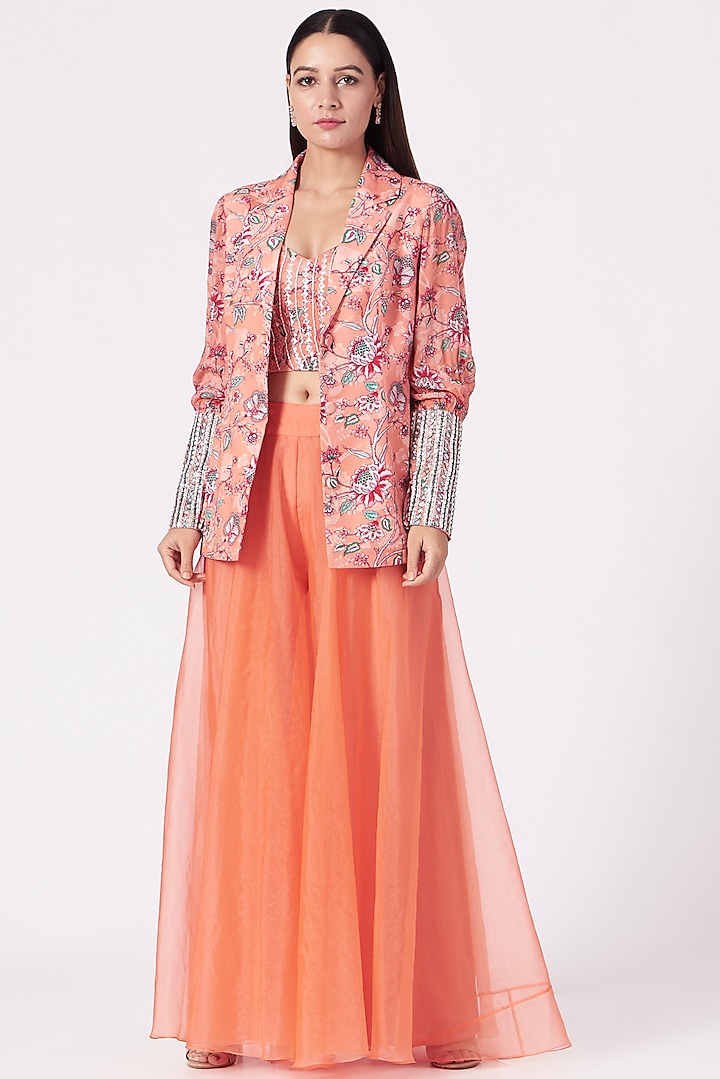 Coral Printed & Embroidered Jacket Set by Chhavvi Aggarwal