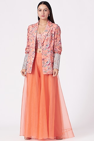 Coral Printed & Embroidered Jacket Set by Chhavvi Aggarwal